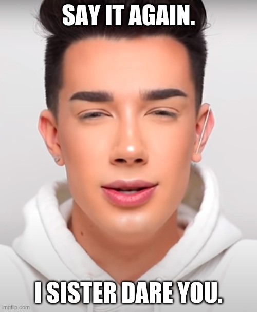 Sister James sister dares you to sister say it again. | SAY IT AGAIN. I SISTER DARE YOU. | image tagged in james charles is sus | made w/ Imgflip meme maker