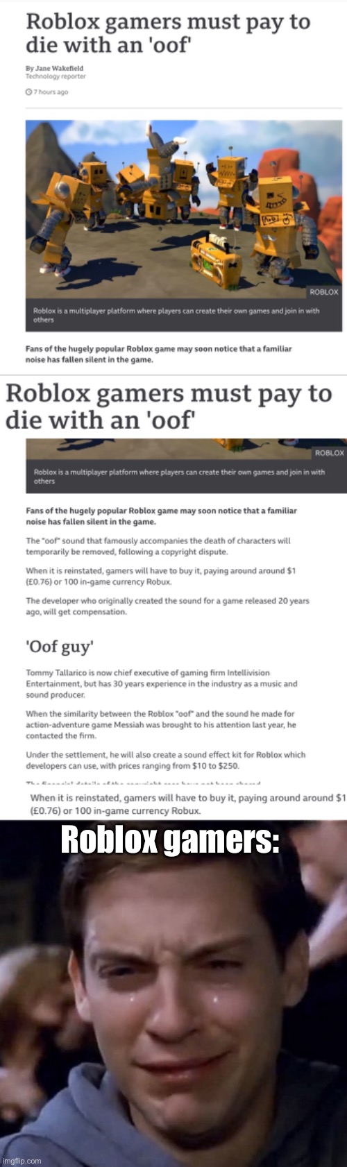 This is an oof. Big oof. | Roblox gamers: | image tagged in memes,oof | made w/ Imgflip meme maker