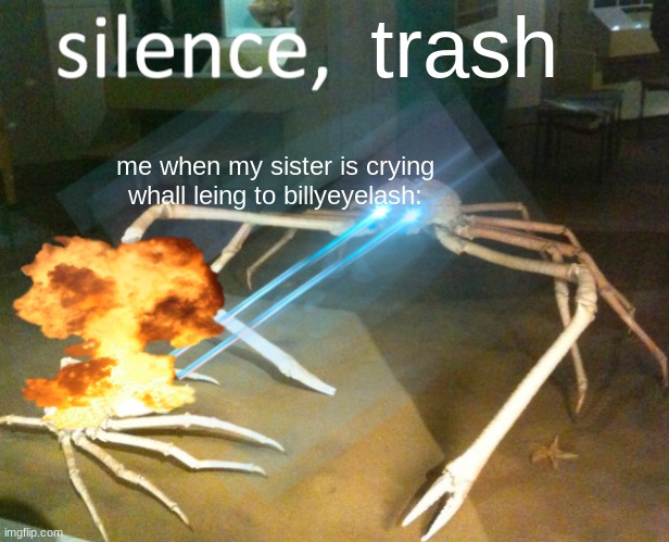 BILLYEYELASH'S SONGES ARE NOT SAD FOR JEBESS SAKE |  trash; me when my sister is crying whall leing to billyeyelash: | image tagged in silence crab | made w/ Imgflip meme maker