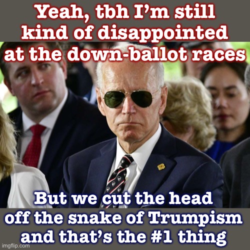 The top-page headline of the 2020 election is this: We get a basically sane and decent president for at least the next 4 years. | Yeah, tbh I’m still kind of disappointed at the down-ballot races; But we cut the head off the snake of Trumpism and that’s the #1 thing | image tagged in badass joe biden,joe biden,biden,election 2020,2020 elections,president | made w/ Imgflip meme maker