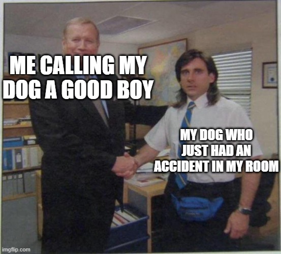 he does it too much | ME CALLING MY DOG A GOOD BOY; MY DOG WHO JUST HAD AN ACCIDENT IN MY ROOM | image tagged in the office handshake | made w/ Imgflip meme maker