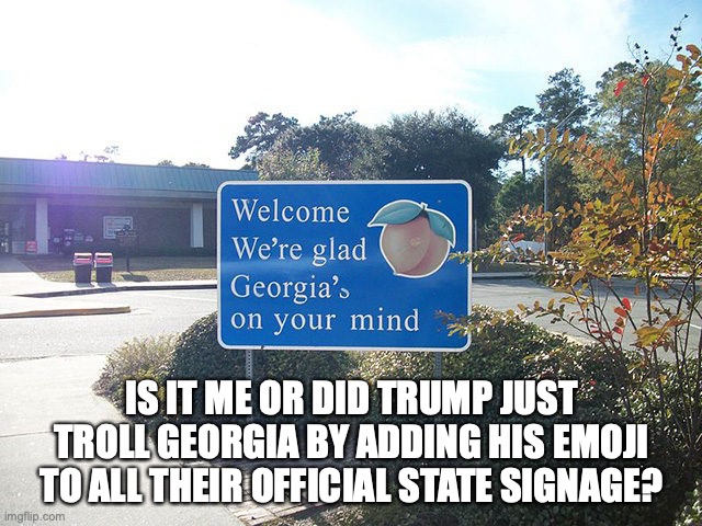 Is it Me? | IS IT ME OR DID TRUMP JUST TROLL GEORGIA BY ADDING HIS EMOJI TO ALL THEIR OFFICIAL STATE SIGNAGE? | image tagged in donald trump,georgia recount,fun | made w/ Imgflip meme maker