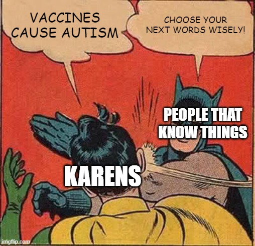 Karens you can shut-up now | VACCINES CAUSE AUTISM; CHOOSE YOUR NEXT WORDS WISELY! PEOPLE THAT KNOW THINGS; KARENS | image tagged in memes,batman slapping robin | made w/ Imgflip meme maker