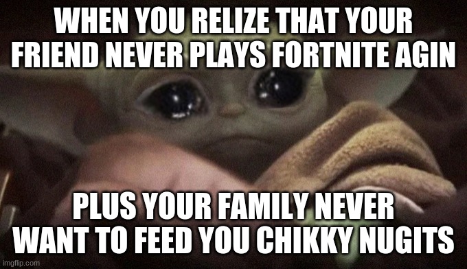 Crying Baby Yoda | WHEN YOU RELIZE THAT YOUR FRIEND NEVER PLAYS FORTNITE AGIN PLUS YOUR FAMILY NEVER WANT TO FEED YOU CHIKKY NUGITS | image tagged in crying baby yoda | made w/ Imgflip meme maker