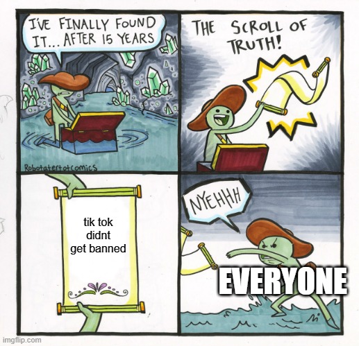 The Scroll Of Truth | tik tok didnt get banned; EVERYONE | image tagged in memes,the scroll of truth | made w/ Imgflip meme maker