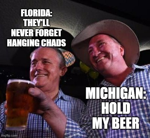 Michigan: I got this | FLORIDA: THEY'LL NEVER FORGET HANGING CHADS; MICHIGAN: HOLD MY BEER | image tagged in hold my beer,election 2020,michigan,election fraud | made w/ Imgflip meme maker
