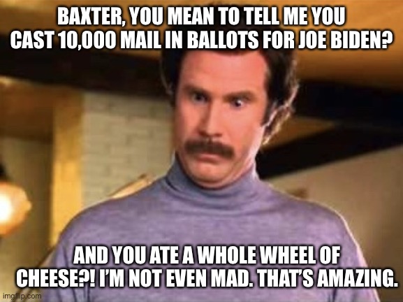 Baxter Voted | BAXTER, YOU MEAN TO TELL ME YOU CAST 10,000 MAIL IN BALLOTS FOR JOE BIDEN? AND YOU ATE A WHOLE WHEEL OF CHEESE?! I’M NOT EVEN MAD. THAT’S AMAZING. | image tagged in ron burgandy - that s amazing | made w/ Imgflip meme maker