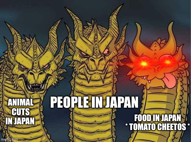 O h n o e s | ANIMAL CUTS IN JAPAN; PEOPLE IN JAPAN; FOOD IN JAPAN * TOMATO CHEETOS * | image tagged in hydro,help,japan,food,e | made w/ Imgflip meme maker