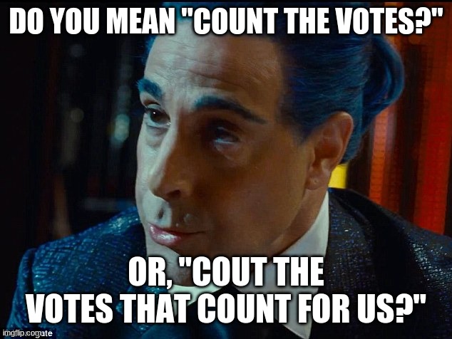 Hunger Games - Caesar Flickerman/S Tucci) "What are you saying h | DO YOU MEAN "COUNT THE VOTES?" OR, "COUT THE VOTES THAT COUNT FOR US?" | image tagged in hunger games - caesar flickerman/s tucci what are you saying h | made w/ Imgflip meme maker