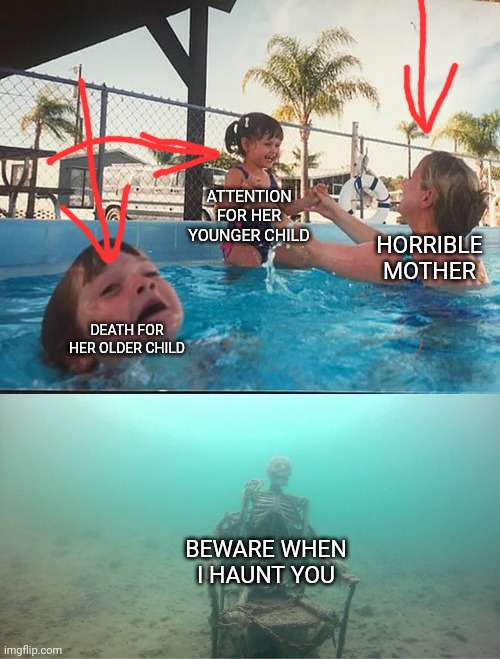 Mother Ignoring Kid Drowning In A Pool | ATTENTION FOR HER YOUNGER CHILD; HORRIBLE MOTHER; DEATH FOR HER OLDER CHILD; BEWARE WHEN I HAUNT YOU | image tagged in mother ignoring kid drowning in a pool | made w/ Imgflip meme maker