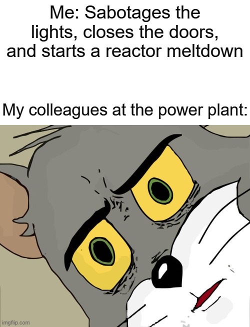 Me: Sabotages the lights, closes the doors, and starts a reactor meltdown; My colleagues at the power plant: | image tagged in unsettled tom,among us | made w/ Imgflip meme maker