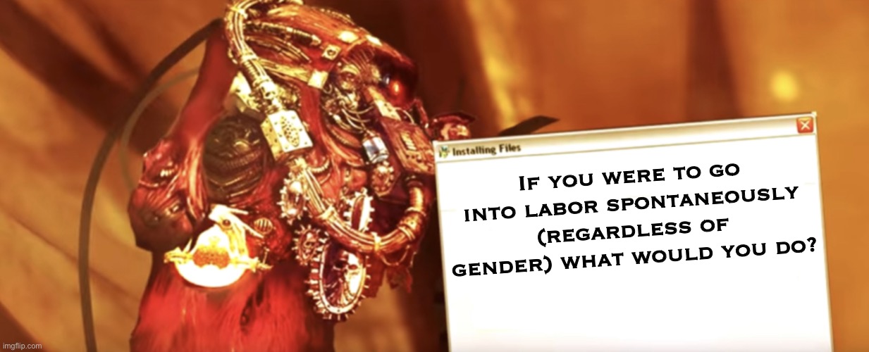 Fabricator-general shows something | If you were to go into labor spontaneously (regardless of gender) what would you do? | image tagged in fabricator-general shows something | made w/ Imgflip meme maker