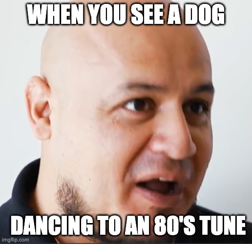 "That Guy" | WHEN YOU SEE A DOG; DANCING TO AN 80'S TUNE | image tagged in confused face jane | made w/ Imgflip meme maker