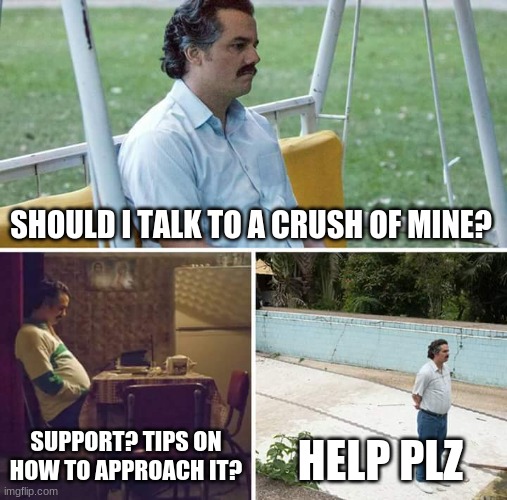 Im conflicted | SHOULD I TALK TO A CRUSH OF MINE? SUPPORT? TIPS ON HOW TO APPROACH IT? HELP PLZ | image tagged in memes,sad pablo escobar | made w/ Imgflip meme maker