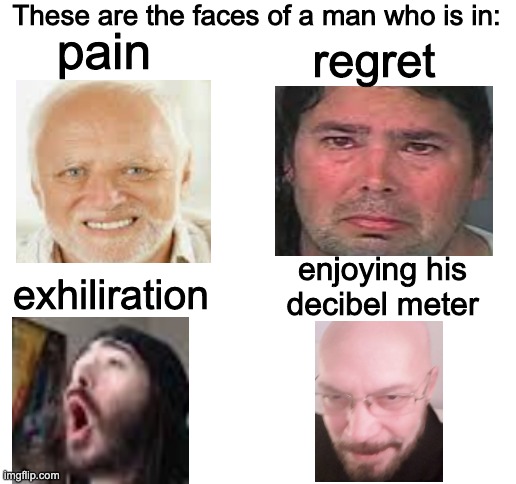 Blank White Template | These are the faces of a man who is in:; pain; regret; enjoying his decibel meter; exhiliration | image tagged in blank white template | made w/ Imgflip meme maker