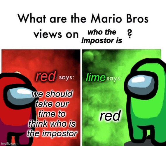 Red Sus | who the impostor is; red; lime; we should take our time to think who is the impostor; red | image tagged in mario bros views | made w/ Imgflip meme maker