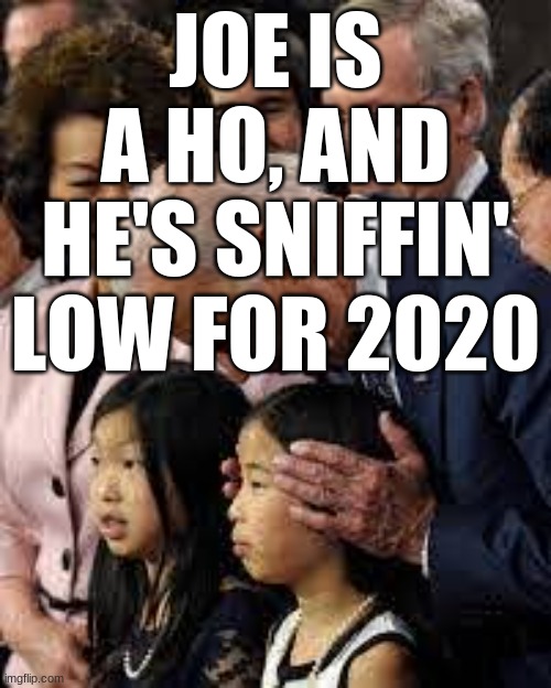 JOE IS A HO, AND HE'S SNIFFIN' LOW FOR 2020 | image tagged in creepy joe biden,joe biden,maga | made w/ Imgflip meme maker