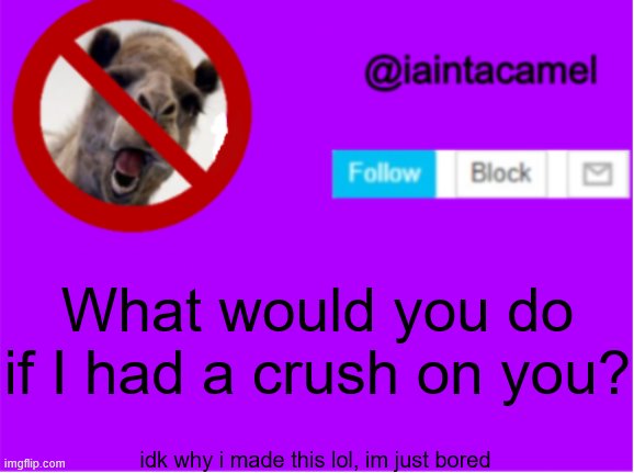 boooooooooooooooooored | What would you do if I had a crush on you? idk why i made this lol, im just bored | image tagged in iaintacamel | made w/ Imgflip meme maker