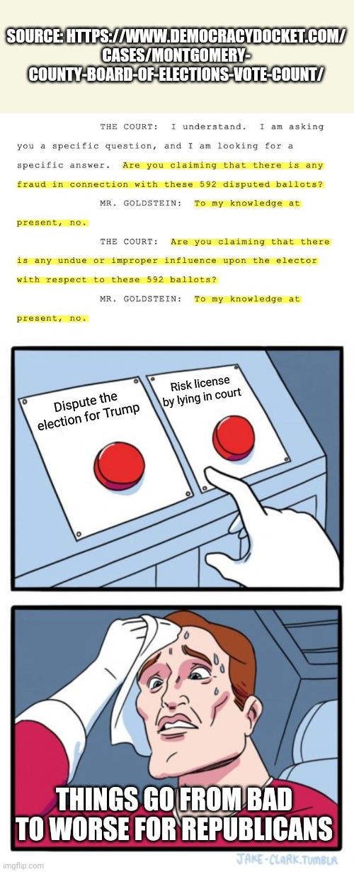 SOURCE: HTTPS://WWW.DEMOCRACYDOCKET.COM/
CASES/MONTGOMERY-
COUNTY-BOARD-OF-ELECTIONS-VOTE-COUNT/; Risk license by lying in court; Dispute the election for Trump; THINGS GO FROM BAD TO WORSE FOR REPUBLICANS | image tagged in memes,two buttons | made w/ Imgflip meme maker