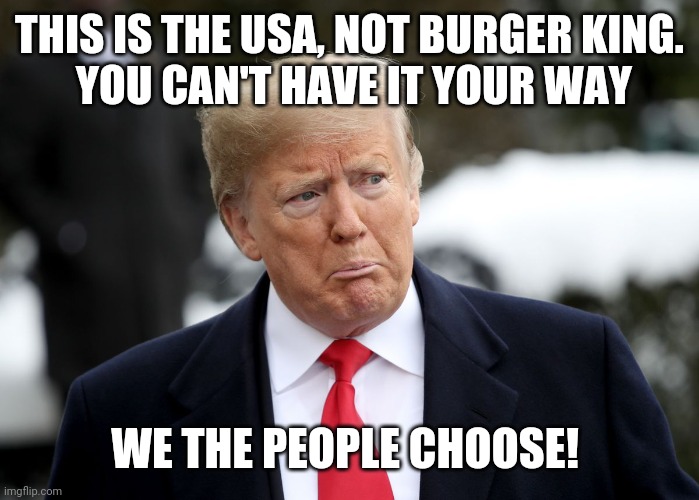 Trump's way | THIS IS THE USA, NOT BURGER KING.
 YOU CAN'T HAVE IT YOUR WAY; WE THE PEOPLE CHOOSE! | image tagged in donald trump,election 2020,loser,burger king,trump 2020,nope | made w/ Imgflip meme maker