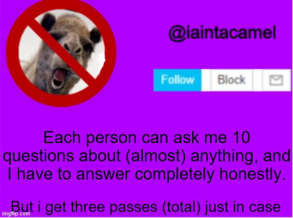no lying ): unfortunatly for me | Each person can ask me 10 questions about (almost) anything, and I have to answer completely honestly. But i get three passes (total) just in case | image tagged in iaintacamel | made w/ Imgflip meme maker