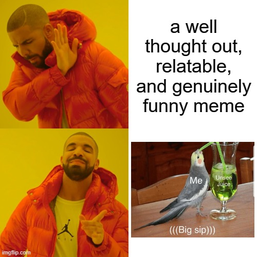 *Siigghs* Can anyone really say I'm wrong? | a well thought out, relatable, and genuinely funny meme | image tagged in memes,drake hotline bling,unsee juice,ironic | made w/ Imgflip meme maker