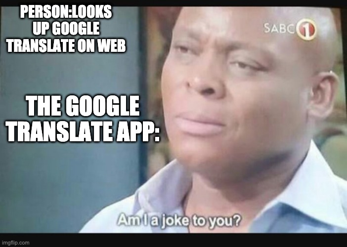 Am I a joke to you? | PERSON:LOOKS UP GOOGLE TRANSLATE ON WEB; THE GOOGLE TRANSLATE APP: | image tagged in am i a joke to you | made w/ Imgflip meme maker