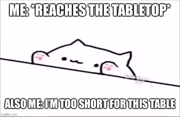 I’m too short for this tabletop - bongo cat edition | ME: *REACHES THE TABLETOP*; ALSO ME: I’M TOO SHORT FOR THIS TABLE | image tagged in bongo cat,funny memes,cute cat,funny cat memes,white cat table | made w/ Imgflip meme maker