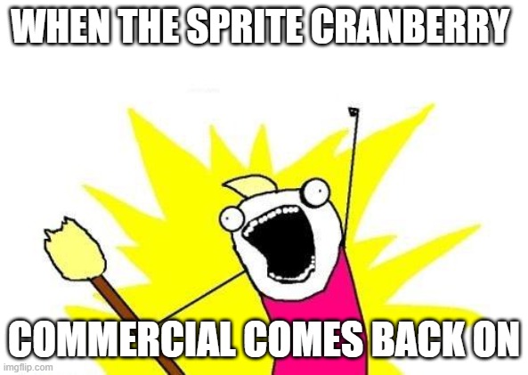 X All The Y | WHEN THE SPRITE CRANBERRY; COMMERCIAL COMES BACK ON | image tagged in memes,x all the y | made w/ Imgflip meme maker