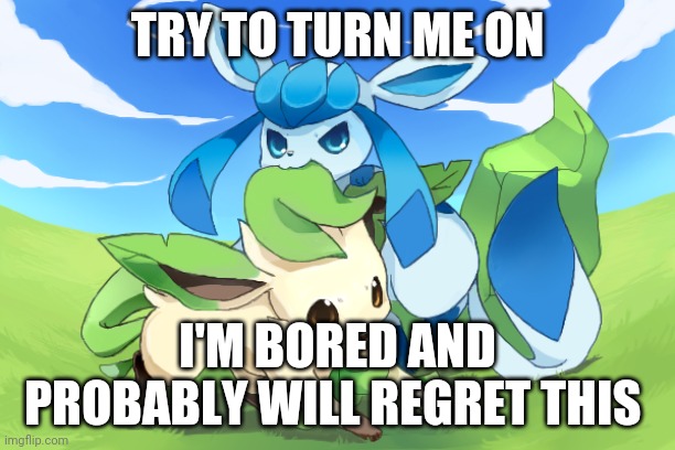 Glaceon x leafeon uwu | TRY TO TURN ME ON; I'M BORED AND PROBABLY WILL REGRET THIS | image tagged in glaceon x leafeon uwu | made w/ Imgflip meme maker