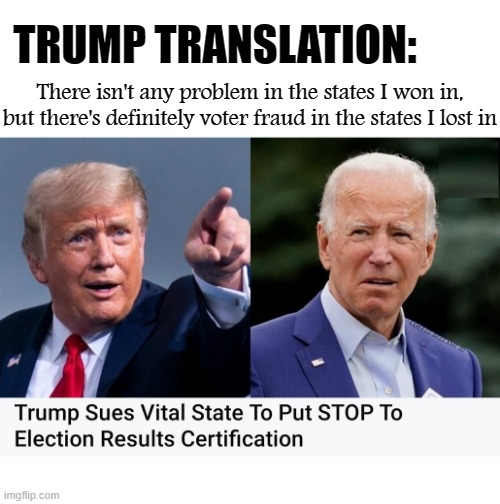 TRUMP TRANSLATION:; There isn't any problem in the states I won in, but there's definitely voter fraud in the states I lost in; COVELL BELLAMY III | image tagged in trump translation win count lose don't count | made w/ Imgflip meme maker