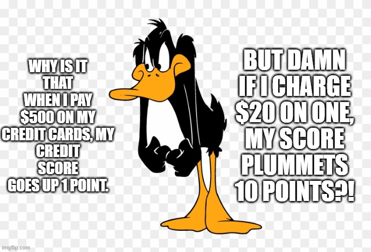 Daffy Duck Credit Score | WHY IS IT
THAT WHEN I PAY
$500 ON MY CREDIT CARDS, MY
CREDIT SCORE GOES UP 1 POINT. BUT DAMN IF I CHARGE
$20 ON ONE,
MY SCORE
PLUMMETS
10 POINTS?! | image tagged in daffy duck,credit,score,card | made w/ Imgflip meme maker