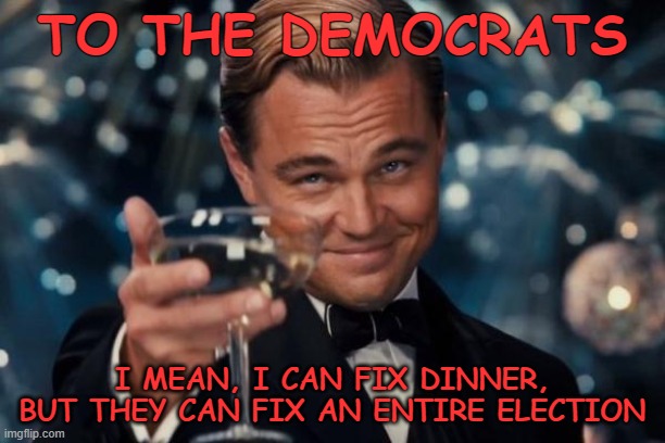 Leonardo Dicaprio Cheers Meme | TO THE DEMOCRATS; I MEAN, I CAN FIX DINNER, BUT THEY CAN FIX AN ENTIRE ELECTION | image tagged in memes,leonardo dicaprio cheers | made w/ Imgflip meme maker