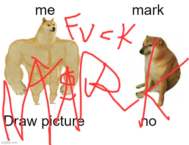 Buff Doge vs. Cheems | me; mark; Draw picture; no | image tagged in memes,buff doge vs cheems | made w/ Imgflip meme maker