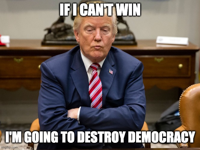 The Biggest Loser | IF I CAN'T WIN; I'M GOING TO DESTROY DEMOCRACY | image tagged in pouty trump | made w/ Imgflip meme maker