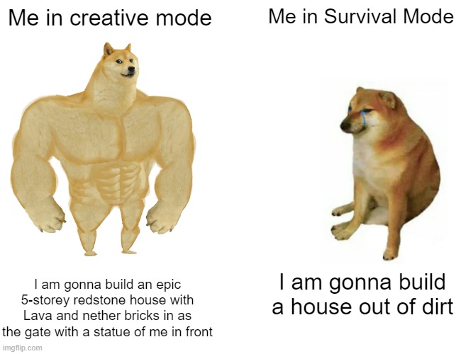 Minecraft be like | Me in creative mode; Me in Survival Mode; I am gonna build an epic 5-storey redstone house with Lava and nether bricks in as the gate with a statue of me in front; I am gonna build a house out of dirt | image tagged in memes,buff doge vs cheems | made w/ Imgflip meme maker