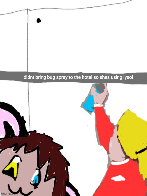 made a thing | didnt bring bug spray to the hotel so shes using lysol | image tagged in meme | made w/ Imgflip meme maker