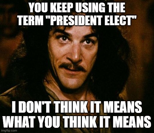 Inigo Montoya Meme | YOU KEEP USING THE TERM "PRESIDENT ELECT"; I DON'T THINK IT MEANS WHAT YOU THINK IT MEANS | image tagged in memes,inigo montoya | made w/ Imgflip meme maker