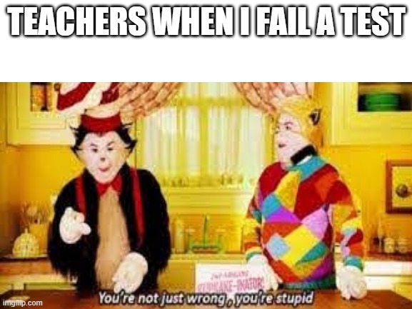 School tests | TEACHERS WHEN I FAIL A TEST | image tagged in cat in the hat | made w/ Imgflip meme maker