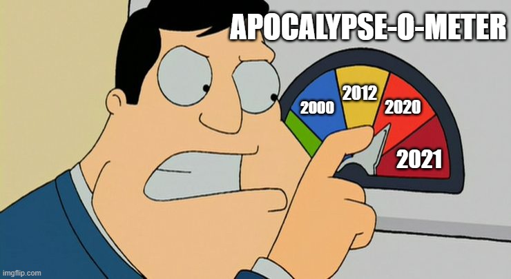 apocalypse-o-meter | APOCALYPSE-O-METER; 2012; 2000; 2020; 2021 | image tagged in fun,memes,funny | made w/ Imgflip meme maker