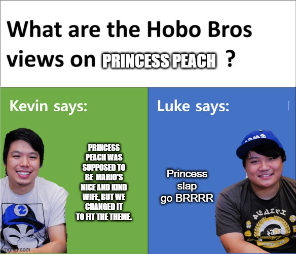 kevin says luke says | PRINCESS PEACH; PRINCESS PEACH WAS SUPPOSED TO BE  MARIO'S NICE AND KIND WIFE, BUT WE CHANGED IT TO FIT THE THEME. Princess slap go BRRRR | image tagged in kevin says luke says | made w/ Imgflip meme maker