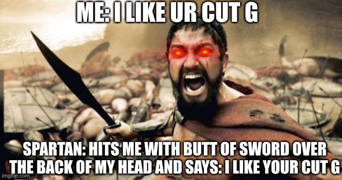 Sparta Leonidas Meme | ME: I LIKE UR CUT G; SPARTAN: HITS ME WITH BUTT OF SWORD OVER THE BACK OF MY HEAD AND SAYS: I LIKE YOUR CUT G | image tagged in memes,sparta leonidas | made w/ Imgflip meme maker
