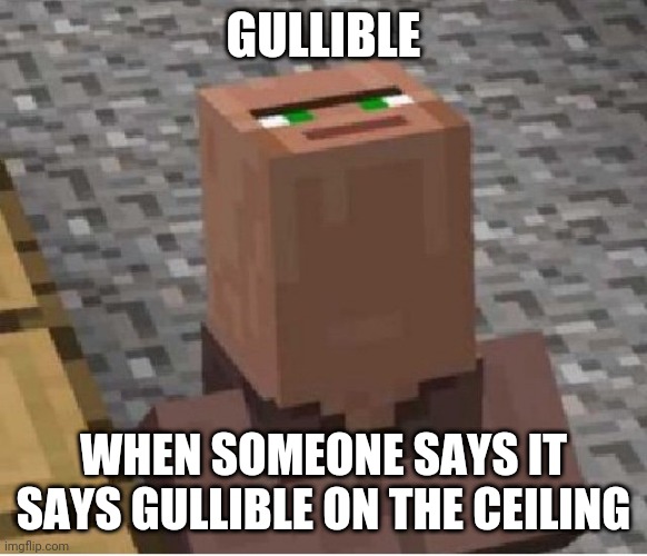 It says gullible on the ceiling | GULLIBLE; WHEN SOMEONE SAYS IT SAYS GULLIBLE ON THE CEILING | image tagged in minecraft villager looking up | made w/ Imgflip meme maker
