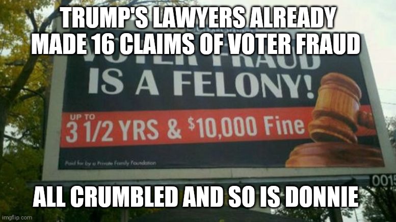 The only fraud is Donald Trump! | TRUMP'S LAWYERS ALREADY MADE 16 CLAIMS OF VOTER FRAUD; ALL CRUMBLED AND SO IS DONNIE | image tagged in memes,donald trump,voter fraud | made w/ Imgflip meme maker