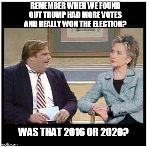 Election Results | REMEMBER WHEN WE FOUND OUT TRUMP HAD MORE VOTES AND REALLY WON THE ELECTION? WAS THAT 2016 OR 2020? | image tagged in awesome chris farley | made w/ Imgflip meme maker