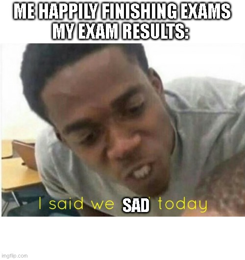 i said we ____ today | ME HAPPILY FINISHING EXAMS
MY EXAM RESULTS:; SAD | image tagged in i said we ____ today | made w/ Imgflip meme maker
