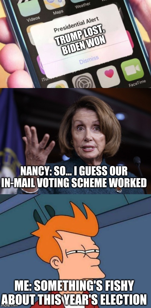 Joe Biden's votes looks SUS | TRUMP LOST, 
BIDEN WON; NANCY: SO... I GUESS OUR IN-MAIL VOTING SCHEME WORKED; ME: SOMETHING'S FISHY ABOUT THIS YEAR'S ELECTION | image tagged in memes,presidential alert,good old nancy pelosi,futurama fry,suspicious | made w/ Imgflip meme maker