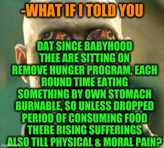 -As it goes. |  DAT SINCE BABYHOOD THEE ARE SITTING ON REMOVE HUNGER PROGRAM, EACH ROUND TIME EATING SOMETHING BY OWN STOMACH BURNABLE, SO UNLESS DROPPED PERIOD OF CONSUMING FOOD THERE RISING SUFFERINGS ALSO TILL PHYSICAL & MORAL PAIN? -WHAT IF I TOLD YOU | image tagged in acid kicks in morpheus,hunger games,morality,quantum physics,hide the pain harold,right in the childhood | made w/ Imgflip meme maker