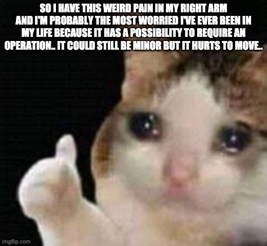 s-so wish me luck or w-whatever.. | SO I HAVE THIS WEIRD PAIN IN MY RIGHT ARM AND I'M PROBABLY THE MOST WORRIED I'VE EVER BEEN IN MY LIFE BECAUSE IT HAS A POSSIBILITY TO REQUIRE AN OPERATION.. IT COULD STILL BE MINOR BUT IT HURTS TO MOVE.. | image tagged in approved crying cat | made w/ Imgflip meme maker