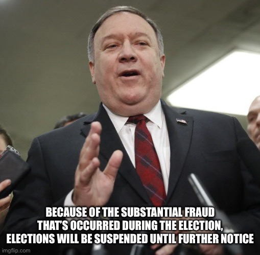 Smug Pompeo | BECAUSE OF THE SUBSTANTIAL FRAUD THAT’S OCCURRED DURING THE ELECTION, ELECTIONS WILL BE SUSPENDED UNTIL FURTHER NOTICE | image tagged in angry pompeo,memes | made w/ Imgflip meme maker